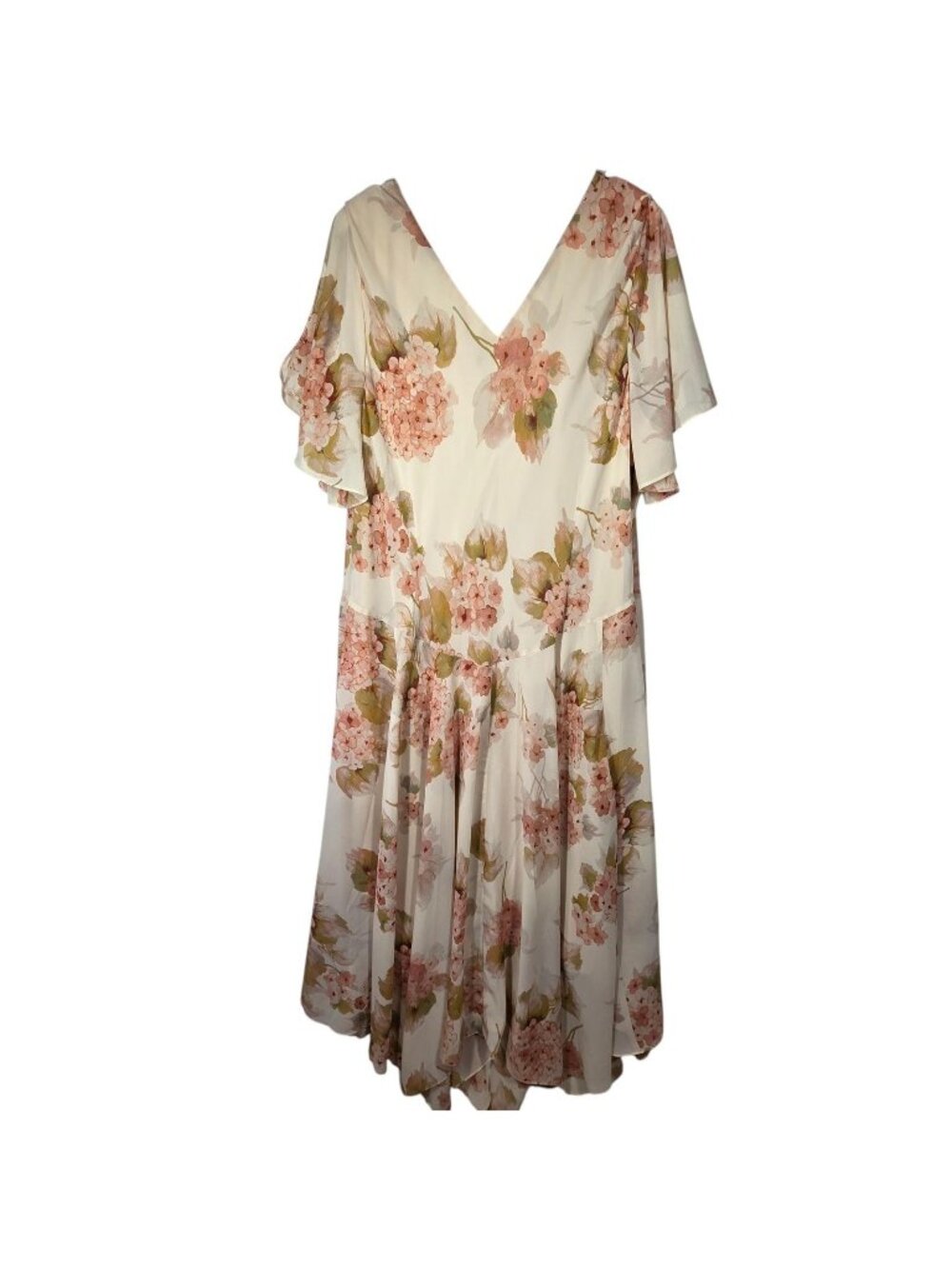 Roamans Dress 26W Beige Floral Chiffon Hanky Hem Cowl Neck Sequin Midi Wedding